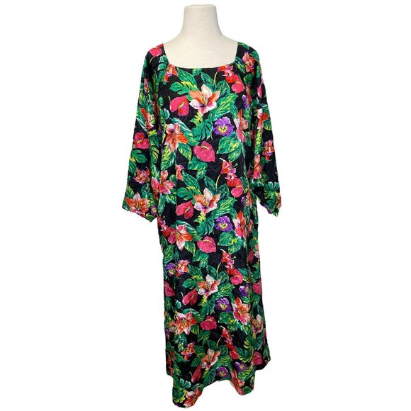 VTG 70s 80s R Michael Alan Small Silky Artsy Floral Nightgown Kaftan Tropical - Picture 1 of 9